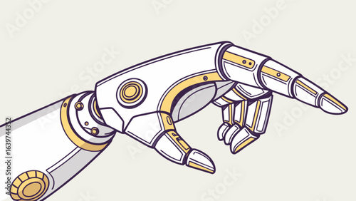 Illustration of a futuristic robotic hand with white and gold metallic elements pointing forward nicely