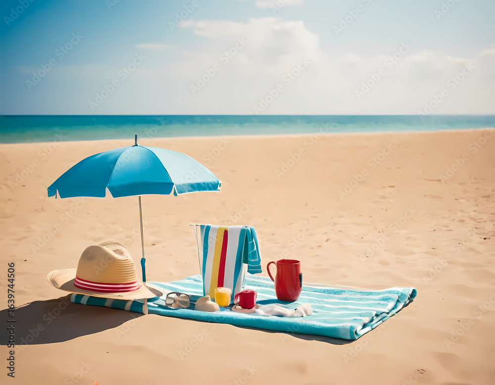 A cheerful paper empty beach scene with towel, umbrella and accesoories, beach chairs and umbrella A cheerful paper empty beach scene with towel, umbrella and accesoories, beach chairs and umbrella