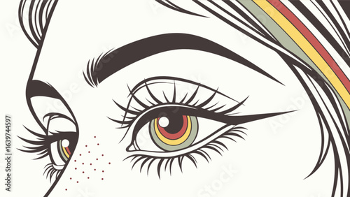 Close up of a woman's face with detailed eyes eyebrows and colorful hair strands illustration