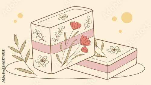 Illustration of two stacked floral decorated boxes with pink bands on a light beige background scene