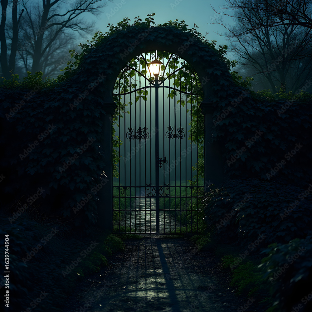 Obraz premium Iron garden gate covered in ivy, leading to a hidden path 