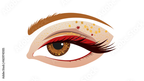 Illustration of a brown eye with red eyeliner and glitter eyeshadow on a white background