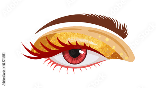 Illustration of a stylized eye with golden eyeshadow and red lashes and brown eyebrow design element
