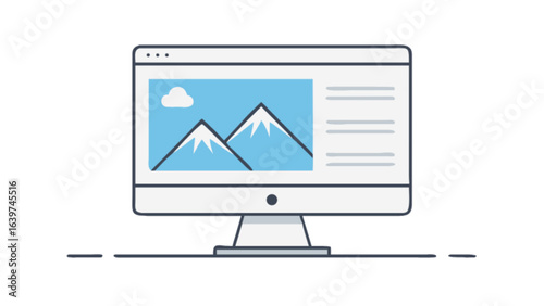 Desktop computer displaying a mountain landscape with a cloud and text on a white background