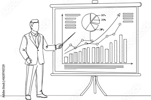 Line drawing of businessman presenting bar graph on board with pie chart