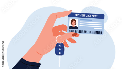 Hand holding a driver license card and car key, representing identification and vehicle access, suitable for driving, security, and transportation topics vector illustration