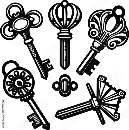 A vintage set of old metal keys with a retro and antique design, perfect for a security or house icon illustration, old metal, keyset, vintage object, key shape