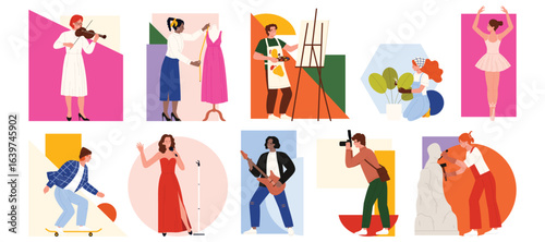Creative hobby people with colorful geometric shapes set. Talent diversity characters with passion and inspiration to art or music, painter with easel and brush, musician cartoon vector illustration