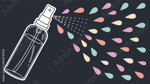 A spray bottle with colorful drops emanating from it against a dark gray background illustration