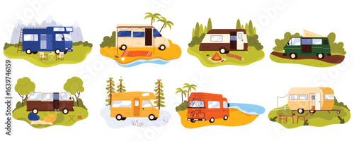 Various camper vans and trailers parked in scenic nature locations, including mountains, beaches, and forests, showcasing travel and camping lifestyle isolated on white background vector illustration