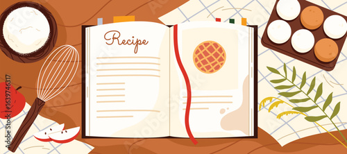 Open recipe book surrounded by baking ingredients, kitchen utensils, and food elements on a table, ideal for cooking and baking concepts vector illustration