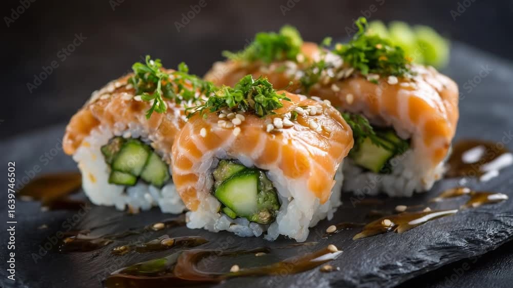 Stunning macro shot of glossy salmon sushi rolls with cucumber, artfully presented on a textured black slate plate. Stunning macro shot of glossy salmon sushi rolls with cucumber, artfully presented on a textured black slate plate.