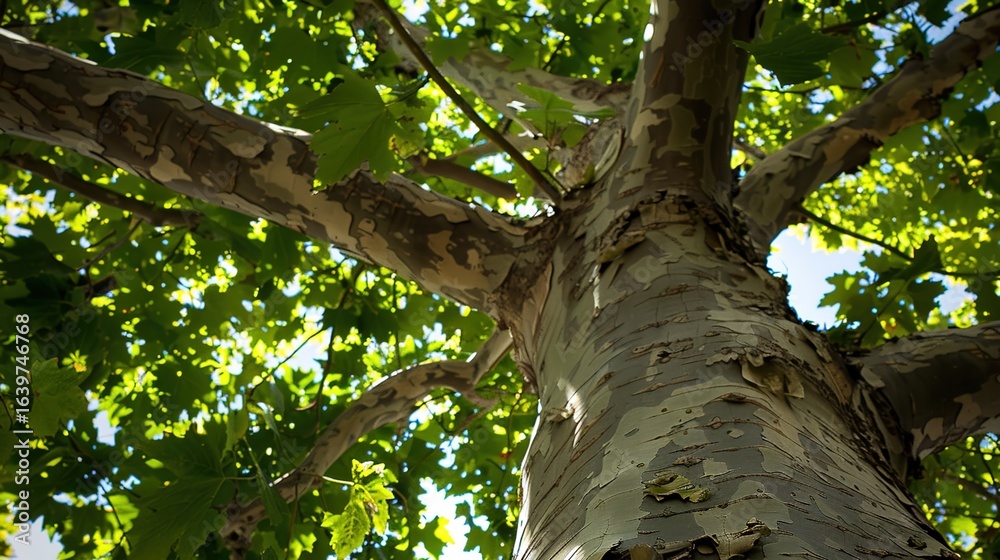 Fototapeta premium Majestic Sycamore Trees: Iconic Species with Large, Lobed Leaves, Smooth White Bark, and Spreading Canopies, Thriving in Urban Parks, Woodlands, and Riverbanks, Capturing Natural Beauty for Botanical 
