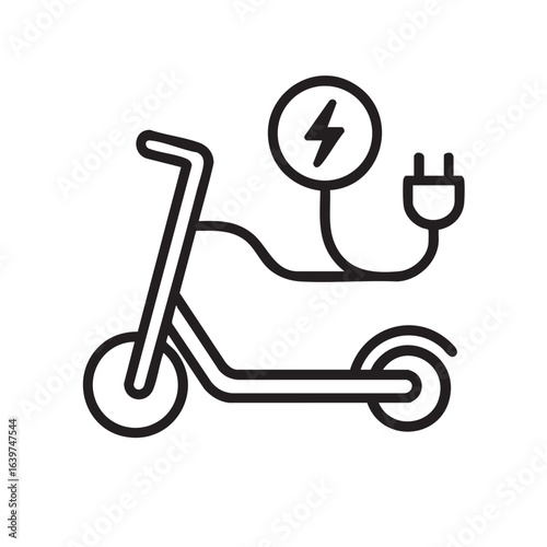 Electric Scooter Icon with Charging Plug and Lightning Bolt Symbol Depicting Sustainable Transportation minimalist line
