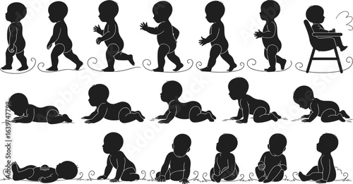 Baby silhouette crawling, walking, sitting, and growing stages vector, child development progression, infant pose collection, baby milestones illustrated, black icons