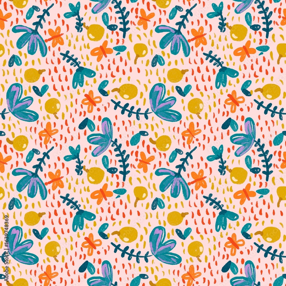 Fototapeta premium Playful Floral and Butterfly Seamless Pattern