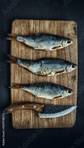 Dry fish and a knife lie on a cutting board