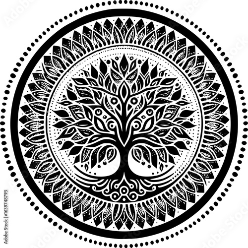 Sacred Tree of Life: A meticulously detailed and symmetrical illustration, featuring a flourishing tree within an intricate circular design, celebrating life, growth.