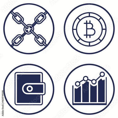 Cryptocurrency icons representing blockchain bitcoin wallet and growth