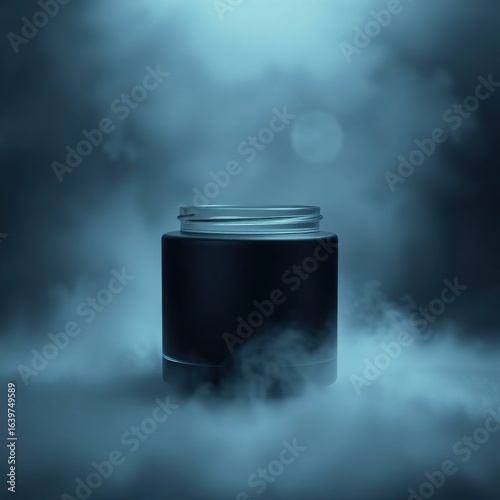 Empty jar with misty night scene.