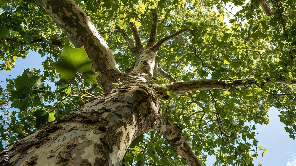 Fototapeta premium Majestic Sycamore Trees: Iconic Species with Large, Lobed Leaves, Smooth White Bark, and Spreading Canopies, Thriving in Urban Parks, Woodlands, and Riverbanks, Capturing Natural Beauty for Botanical 