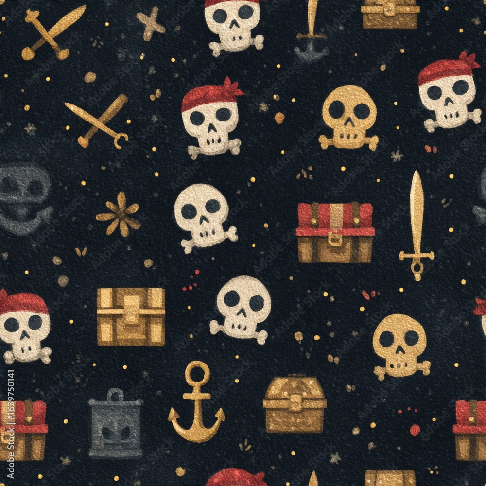Fototapeta premium Playful pirate-themed pattern featuring skulls, treasure chests, swords, and anchors on a dark speckled background