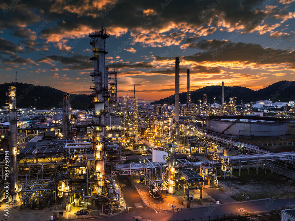 Obraz premium Oil refinery plant industry factory zone, oil and gas petrochemical industrial, oil storage tank and pipeline steel, twilight scene and over lighting equipment and the sunset and cloud sky background,