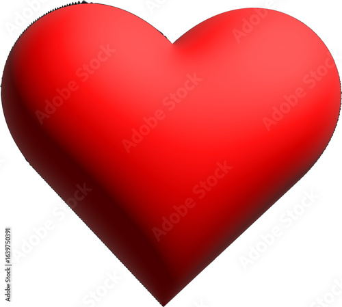 A 3D graphic depicting a smooth, bright red heart with soft shadows that give it volume. The heart has a classic shape and symbolizes love, romance, health and passion. The image is made in a modern s