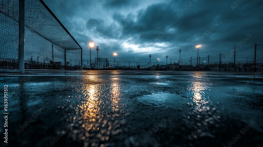 Fototapeta premium Night soccer stadium under floodlights, soccer stadium at night with bright lights, soccer stadium at night for sports photography 
