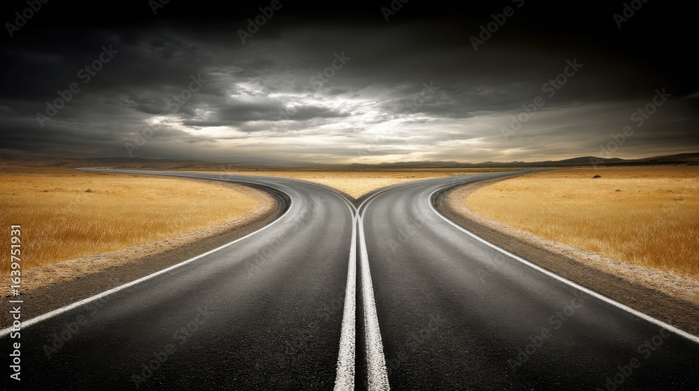 Fototapeta premium A scenic road with a cloudy sky above, representing uncertainty and future directions in a roadmap for planning