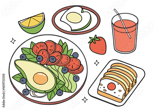 Healthy Breakfast: Vibrant Cartoon Illustration of Avocado Toast, Fruit Salad, and Juice.
