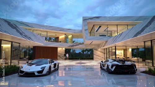A contemporary luxury mansion with exotic sports cars in the courtyard at dusk