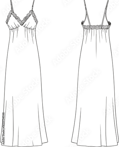 Women's nightgown fashion flat, long lace-trimmed nightdress vector illustration with front and back view for lingerie design templates