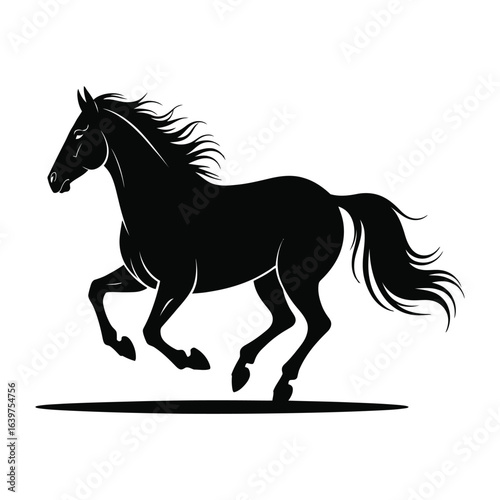 Majestic black horse galloping freely with flowing mane and tail