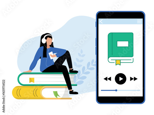 Audiobook. Online library. Woman listening to books online.Concept of online application or media player for listening to digital audiobooks and podcasts. E-learning. Vector illustration