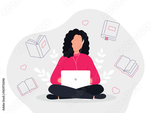 Audiobook. Online library. Woman listening to books online.Concept of online application or media player for listening to digital audiobooks and podcasts. E-learning. Vector illustration