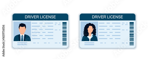 ID card. Identification document with person photo. Flat plastic identity document icon. Driver's license. Driver license plastic card template. Vector illustration