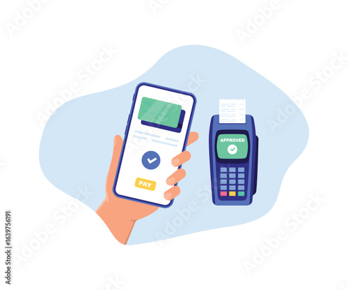 Mobile payment. NFC payments. Smartphone with online payment. Credit card on screen phone. Contactless payment concept. E-payment. POS terminal with credit card. Vector illustration