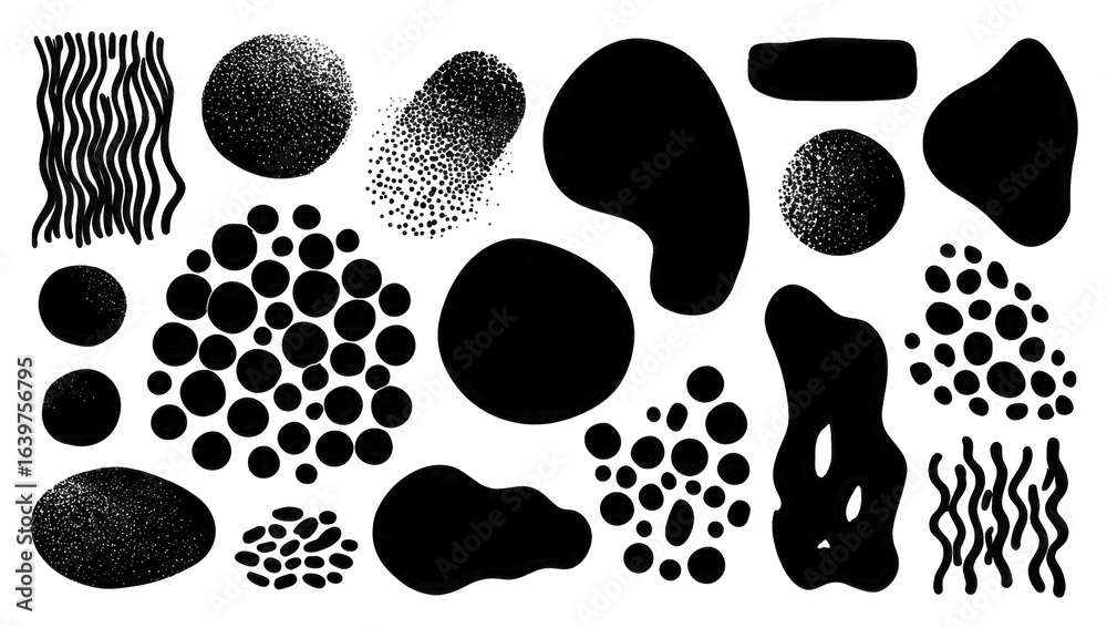 Fototapeta premium Abstract shapes, various sizes and forms, in dark background, with speckled, colored details
