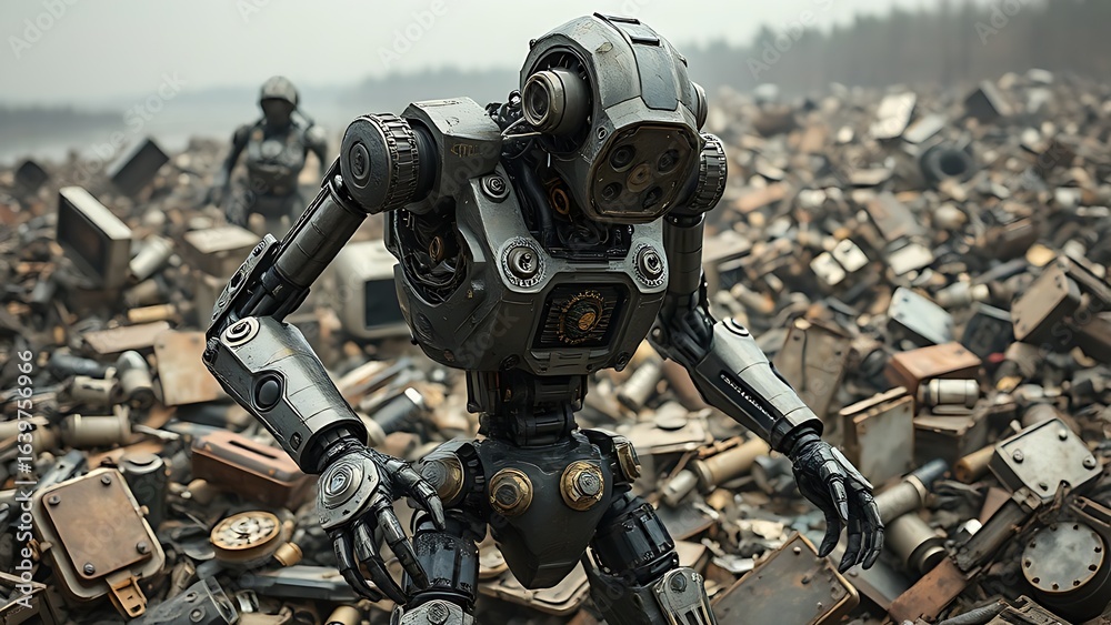 Fototapeta premium Biomechanical robot disassembling and absorbing parts from identical broken units in a post-apocalyptic scrapyard.