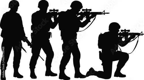 Four armed soldiers in silhouette holding rifles, aiming in tactical positions, military operation, combat readiness, special forces, battlefield stance