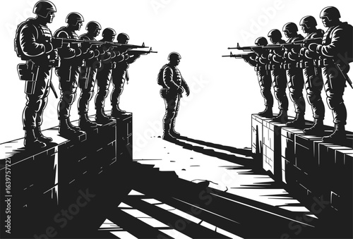 "Silhouetted soldiers aiming rifles at lone soldier standing between two rows, military confrontation, tension, armed forces, conflict concept"