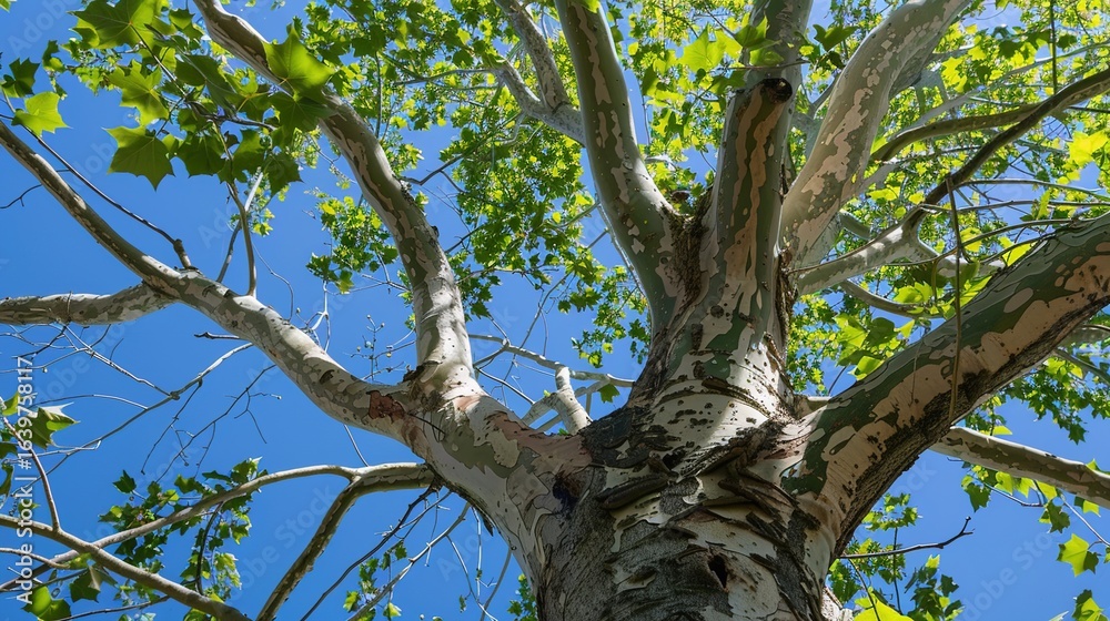 Obraz premium Majestic Sycamore Trees: Iconic Species with Large, Lobed Leaves, Smooth White Bark, and Spreading Canopies, Thriving in Urban Parks, Woodlands, and Riverbanks, Capturing Natural Beauty for Botanical 