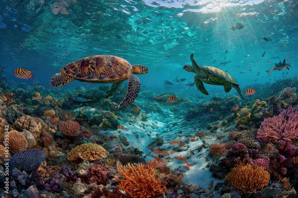Fototapeta premium Vibrant coral reef teeming with sea turtles and fish. Sunlight streams through the water