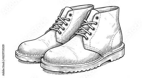 Black and white hand-drawn sketch vector illustration of classic ankle boots on transparent background