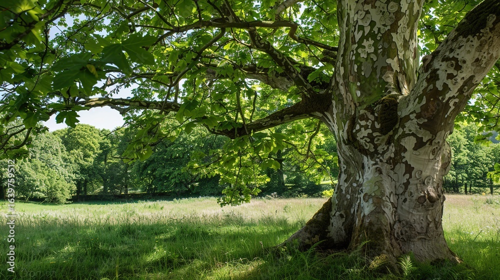 Fototapeta premium Majestic Sycamore Trees: Iconic Species with Large, Lobed Leaves, Smooth White Bark, and Spreading Canopies, Thriving in Urban Parks, Woodlands, and Riverbanks, Capturing Natural Beauty for Botanical