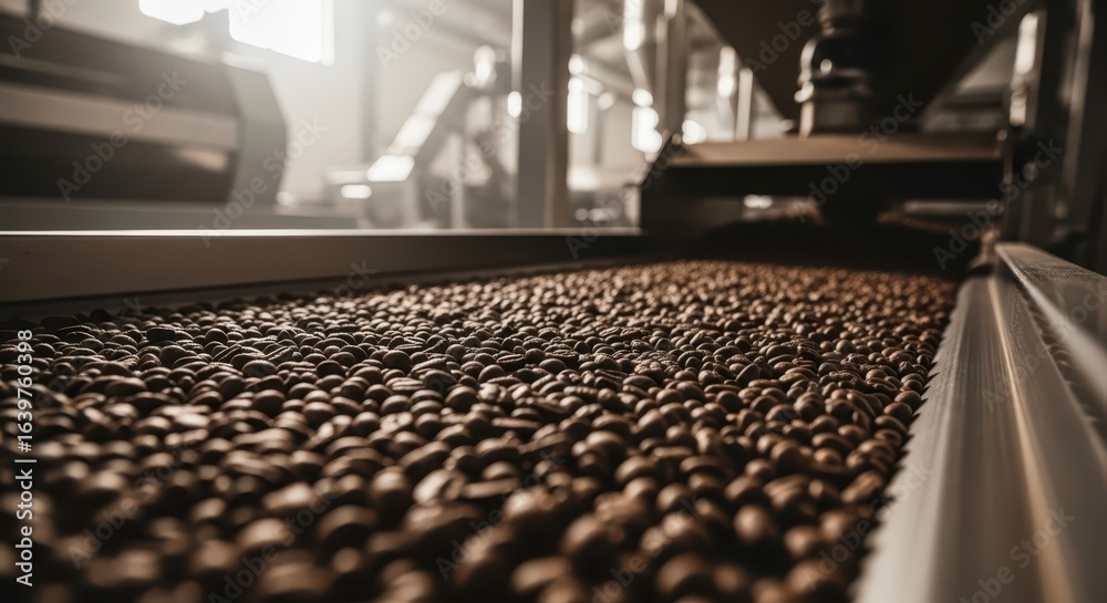 Fototapeta premium Roasted coffee beans moving on conveyor belt in modern processing facility