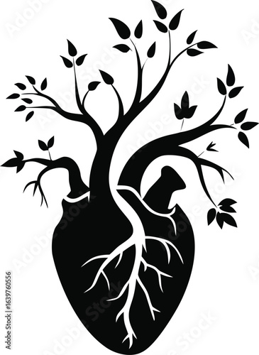 Black silhouette of a human heart with tree branches and leaves growing from it vector illustration