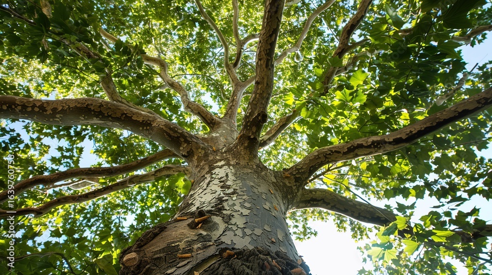 Naklejka premium Majestic Sycamore Trees: Iconic Species with Large, Lobed Leaves, Smooth White Bark, and Spreading Canopies, Thriving in Urban Parks, Woodlands, and Riverbanks, Capturing Natural Beauty for Botanical