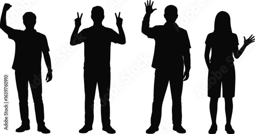 Silhouette of People with Hand Gestures, Vector Illustration for Protest, Peace, Greeting, Expression, Human Communication, and Graphic Art Design